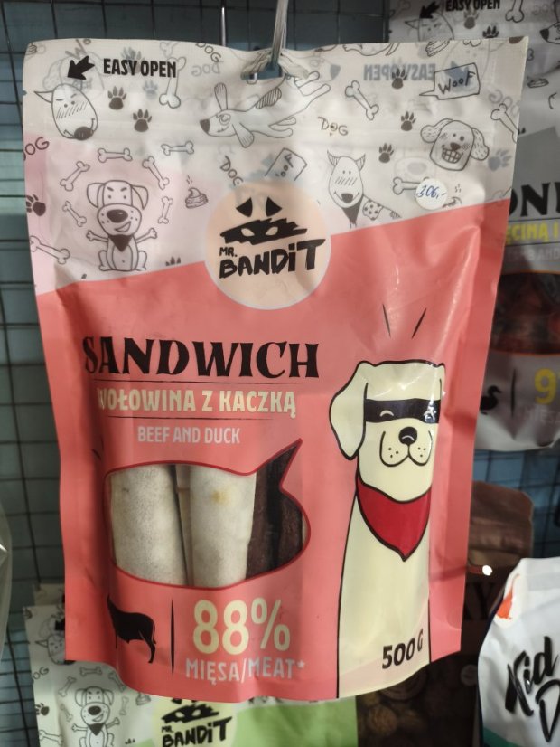 Mr Bandit SANDWICH Hovězí kůže a kachní maso 500g Mr Bandit SANDWICH Hovězí kůže a kachní maso 500g